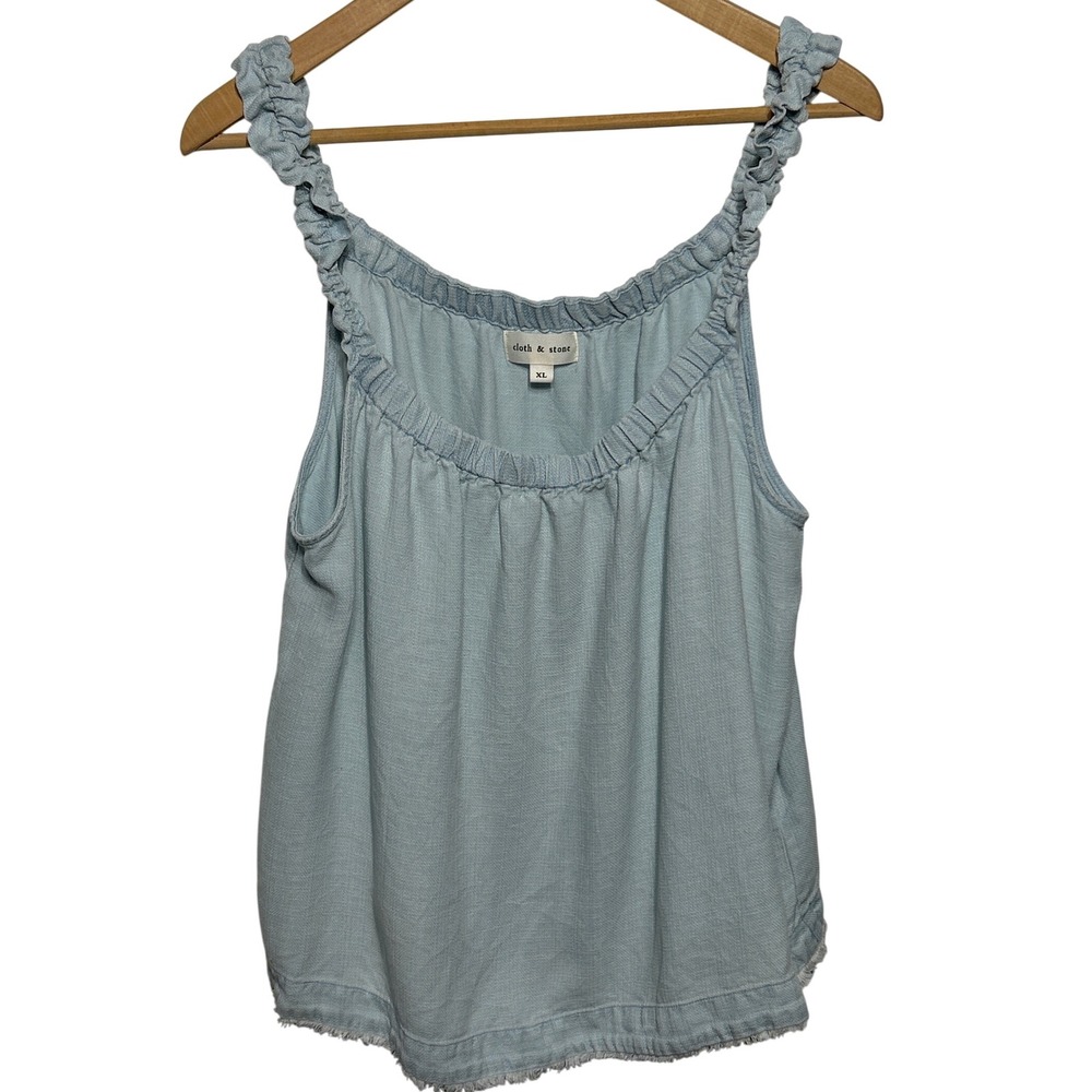 Cloth & Stone Gathered Chambray Ruffle Strap Frayed Hem Tank Top Pale Blue Sz XL